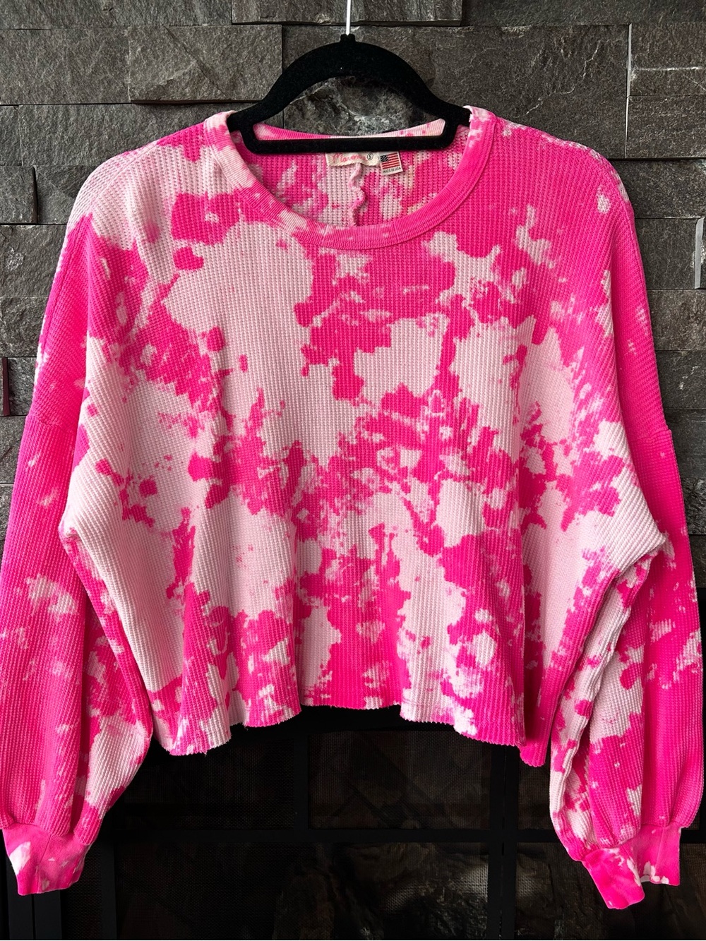 Maronie Cropped Hot Pink Tie-Dye Waffle Knit Thermal Top